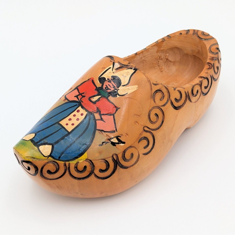 Vintage Dutch Holland Wood Clog Shoe Wall Hanging Hand Painted Woman Folk Art